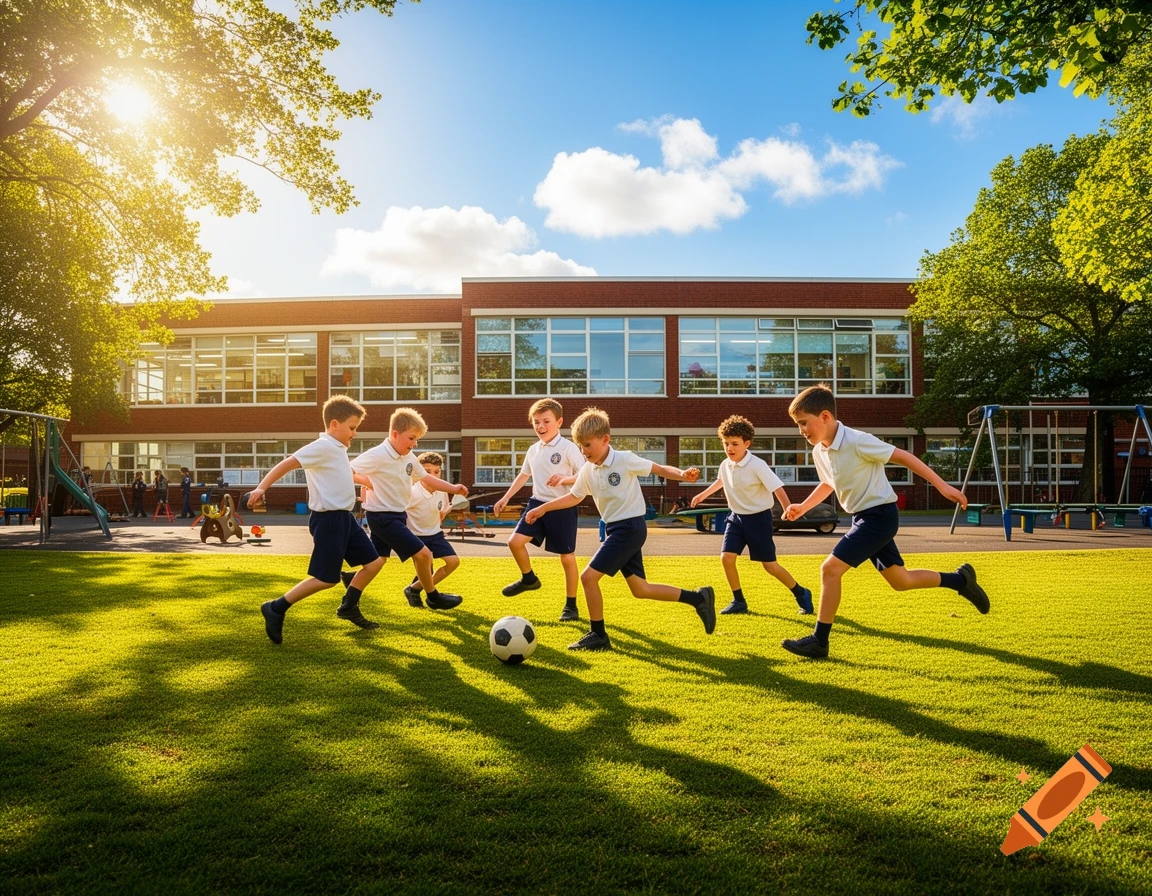 Boys in uniform play soccer on a sunny green field in front of a brick school building.