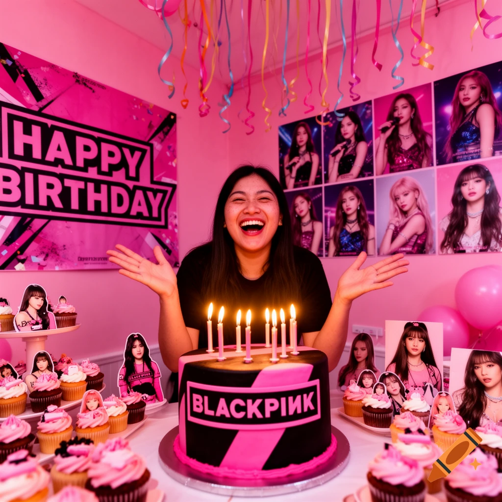 A smiling woman celebrates her birthday with a BLACKPINK-themed cake, cupcakes, and posters in a pink room.