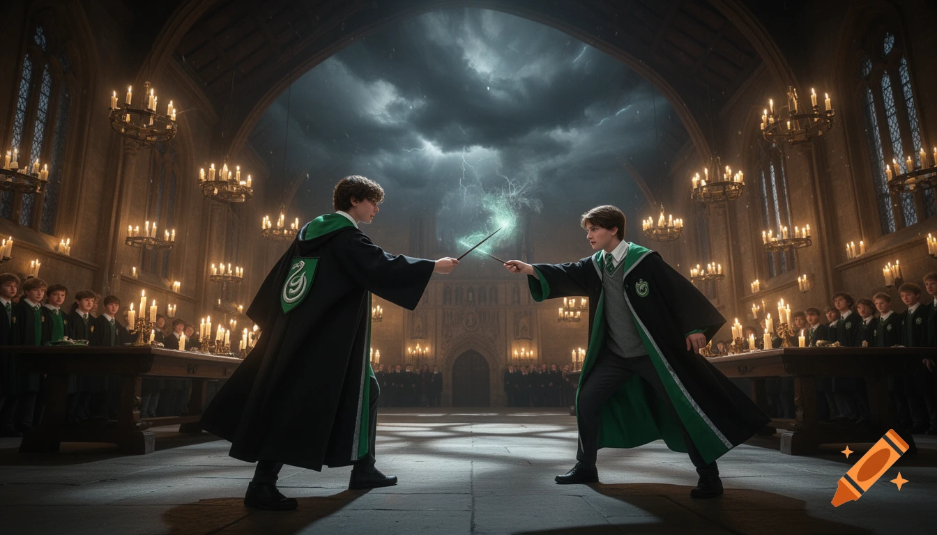 Two young wizards in green Slytherin robes duel with wands, green magic crackling between them in a grand, candlelit hall.