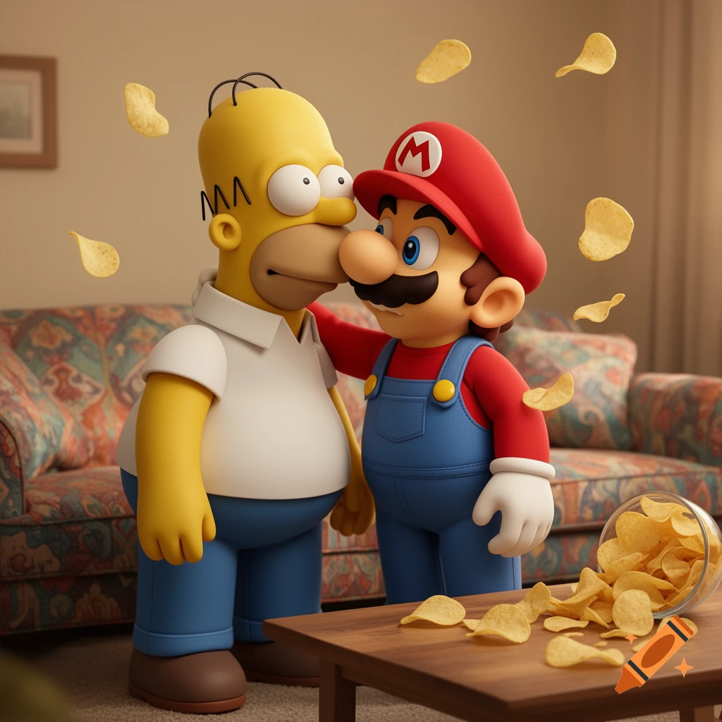 3D render of Homer Simpson and Mario with chips. Mario gently touches Homer's nose in a living room setting with spilled chips.