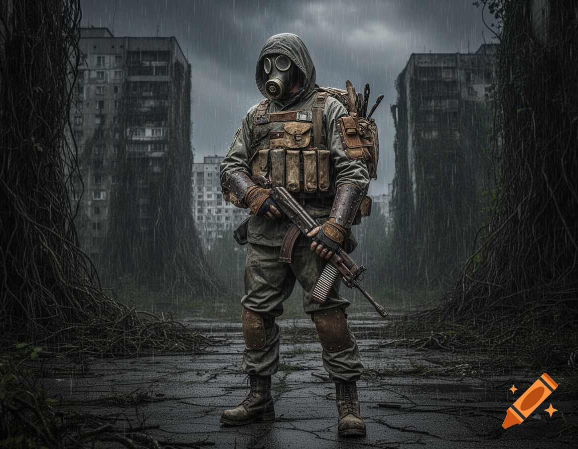 A post-apocalyptic survivor in a gas mask and tactical gear stands in a rainy, overgrown city, holding a submachine gun.