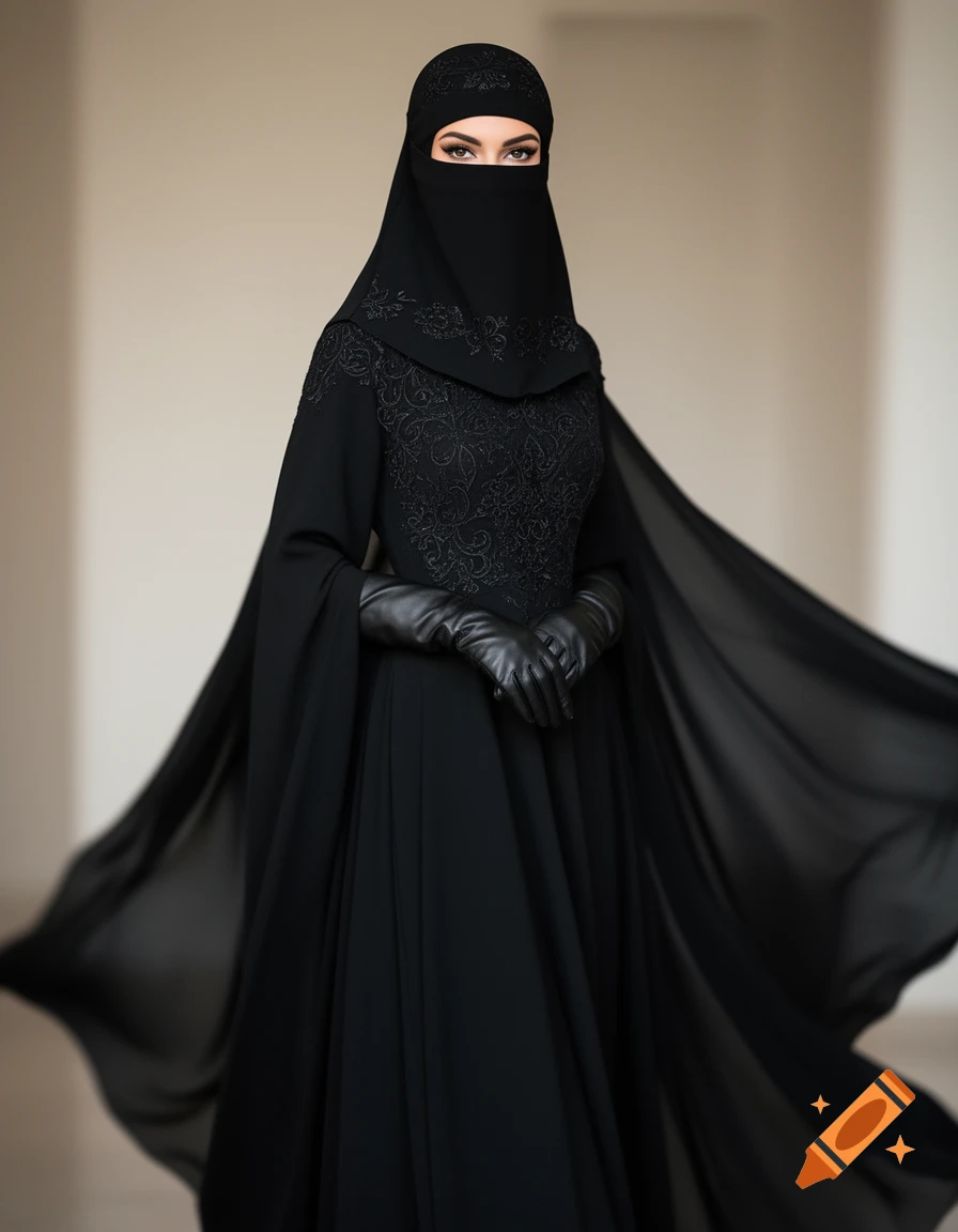 A woman in a black niqab, abaya with intricate embroidery, and black leather gloves looks directly at the viewer.