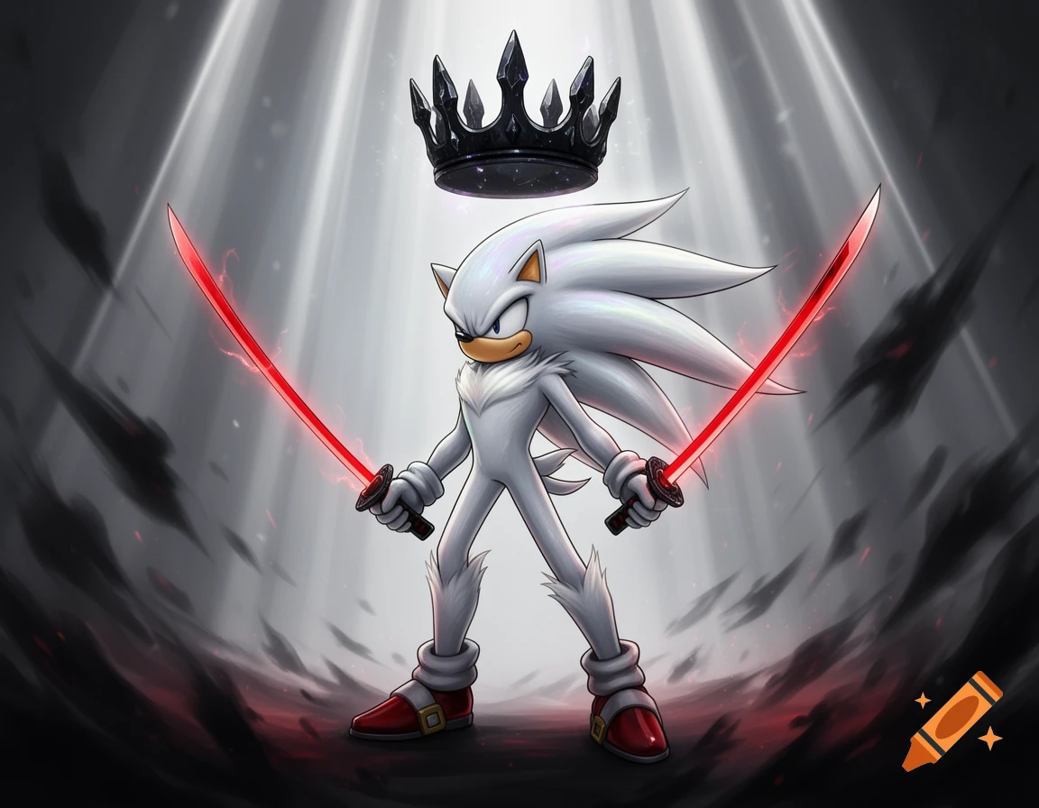 A white hedgehog character in Sonic adventure style, with a floating black crown and two glowing red katanas, stands in a powerful pose under a spotlight.