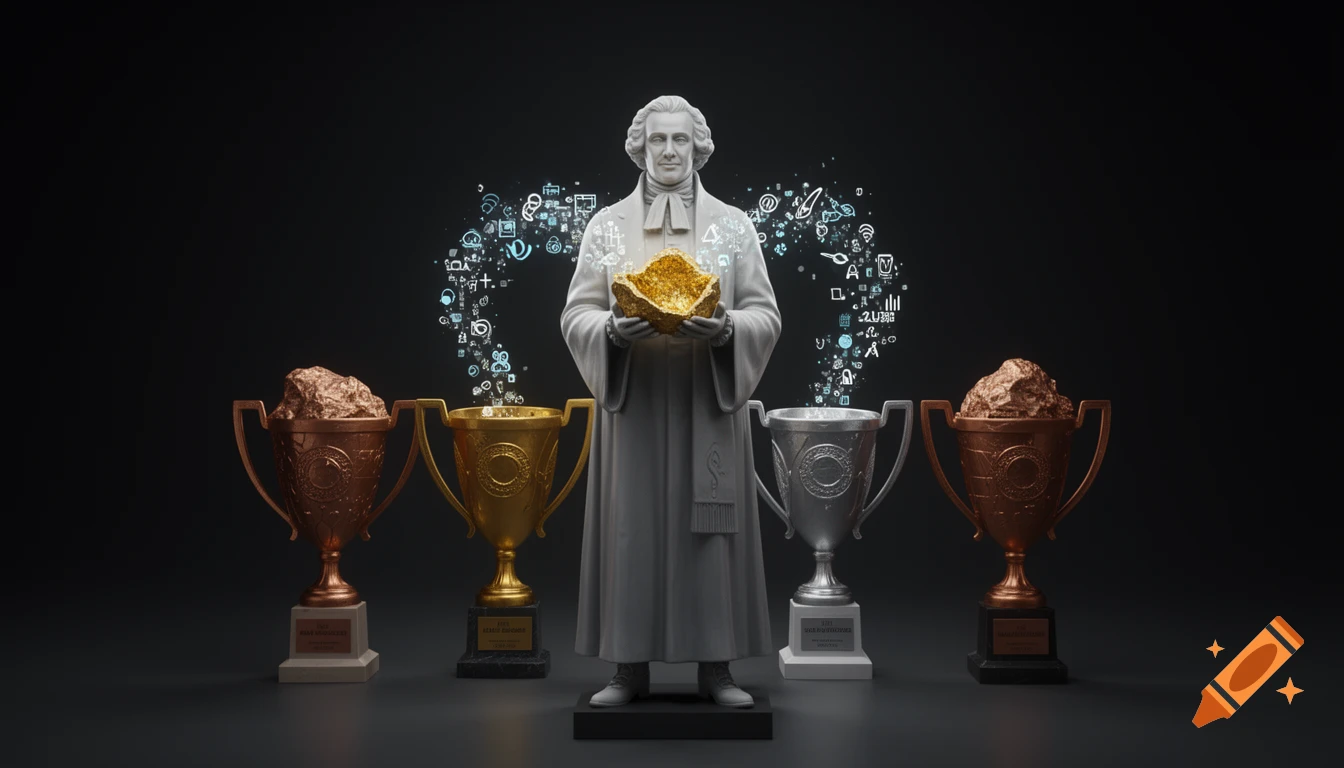 A grey statue of Abb R é Gregoire holding a golden geode with blue digital symbols, flanked by gold, silver, and bronze trophies on a dark background.