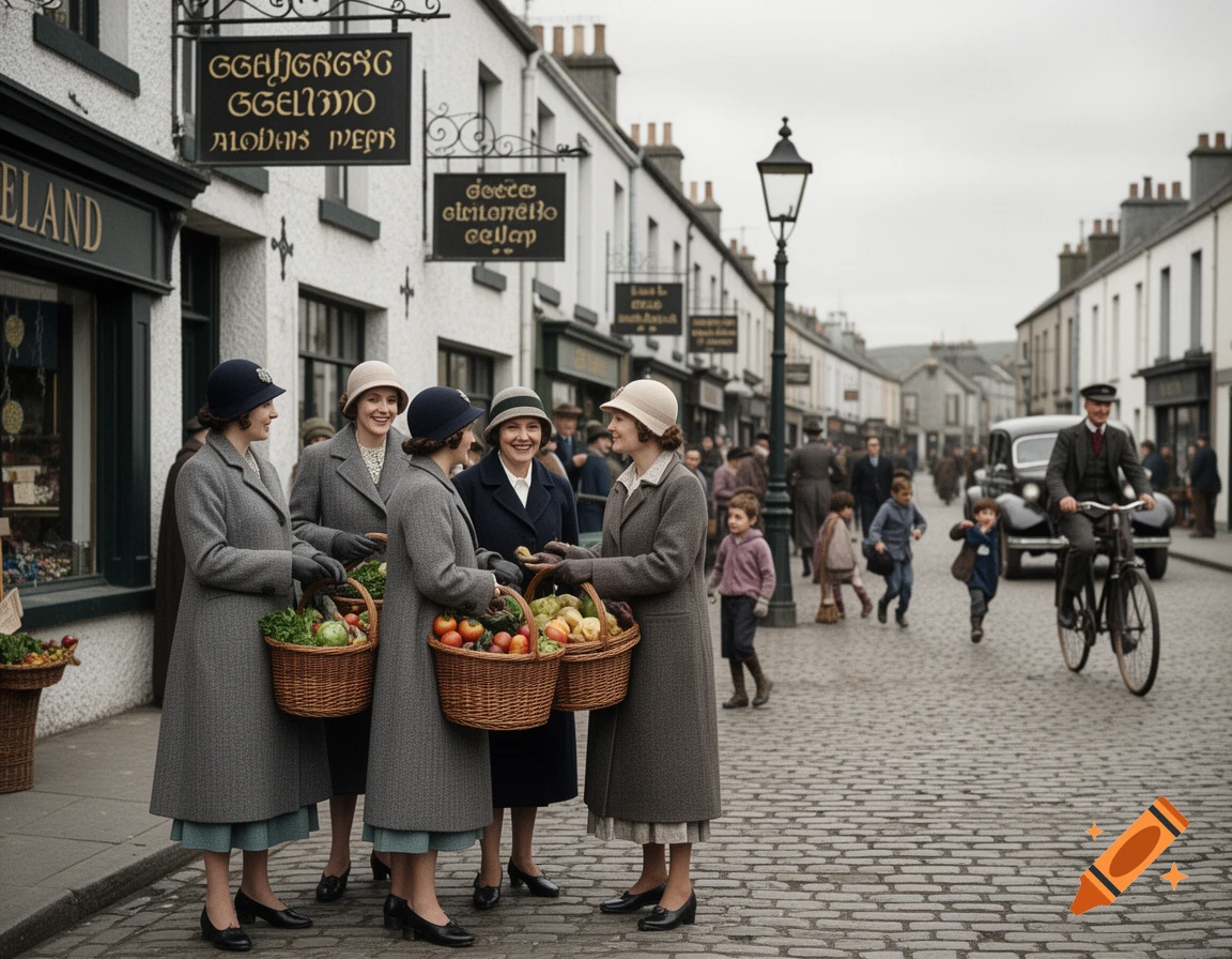 Five women in 20th-century coats and hats, holding baskets of produce, chat on a cobblestone street with shops and other people in the background, in a photorealistic style.