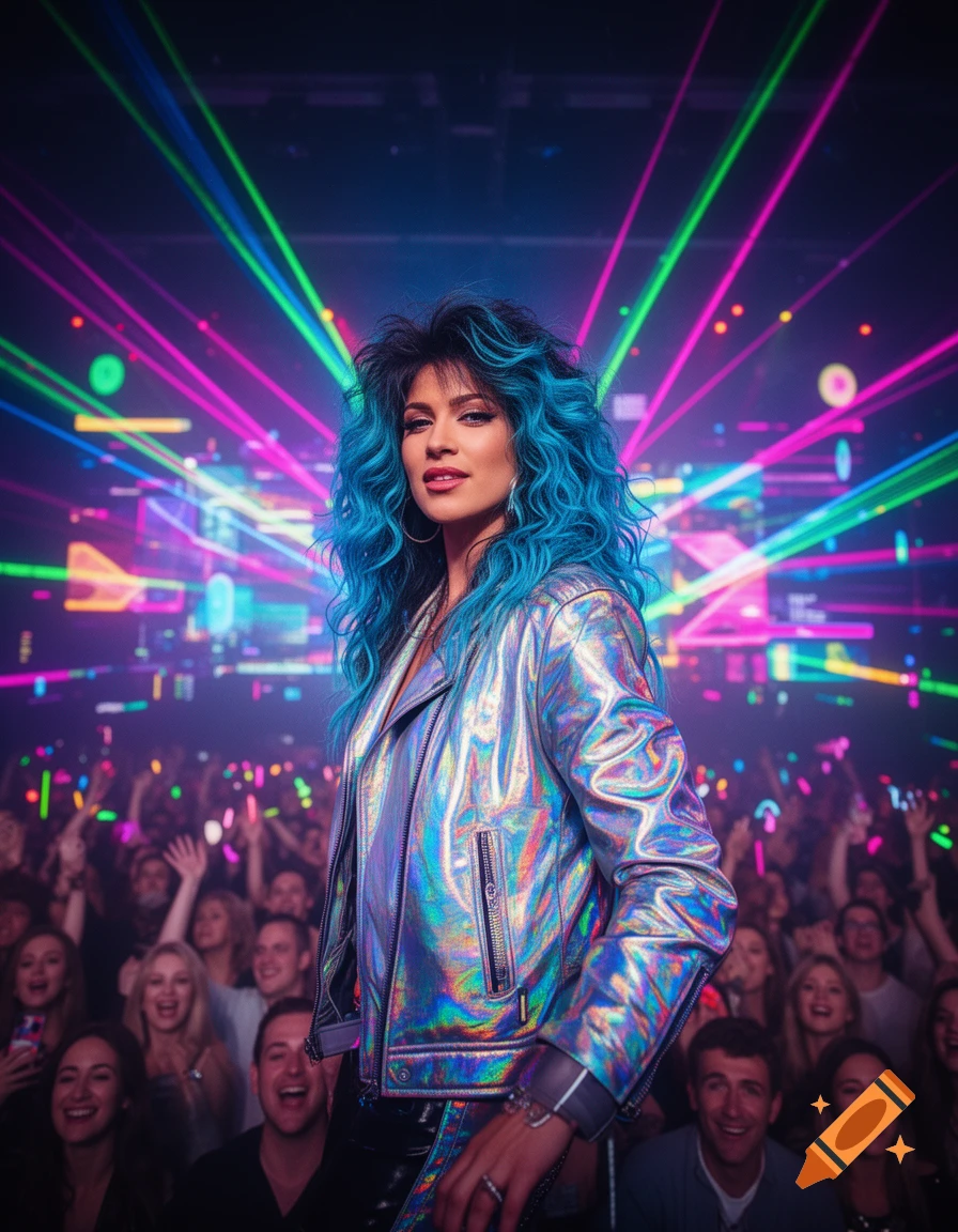 A pop star with voluminous blue hair and a holographic jacket poses at a vibrant concert with a cheering crowd and laser lights.