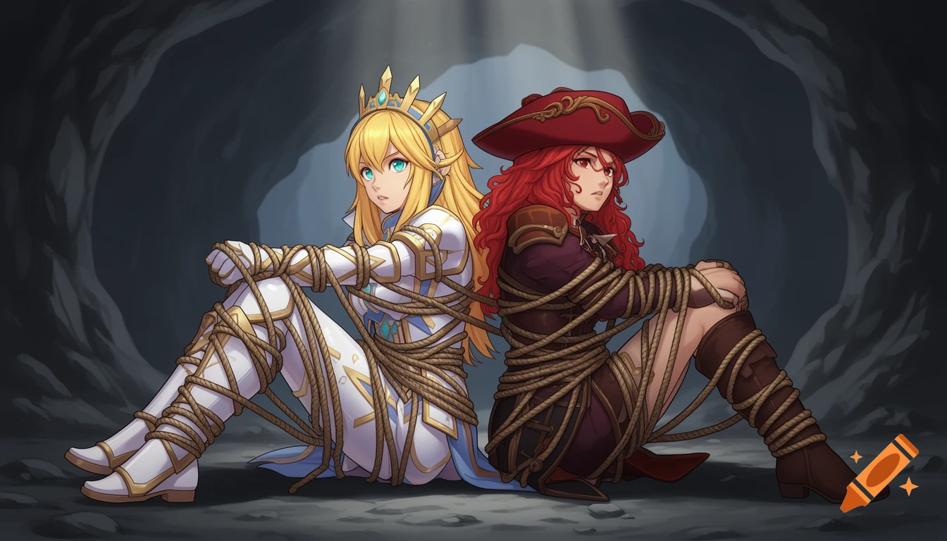 Anime-style Lux and Miss Fortune, tied with ropes, sit back to back in a dark cave.