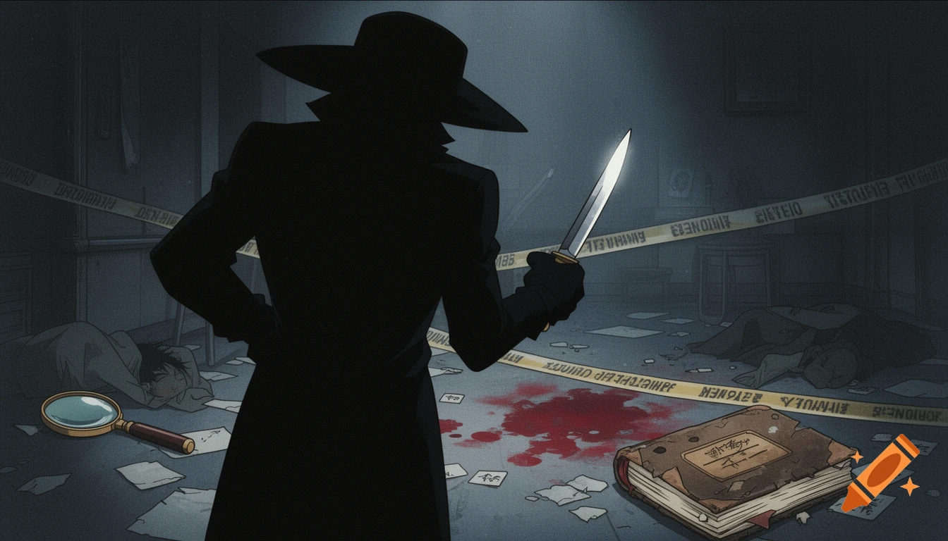 In a dark 90s anime style crime scene, a shadowed figure in a hat holds a knife over bloodstains and bodies, surrounded by crime tape and a magnifying glass.