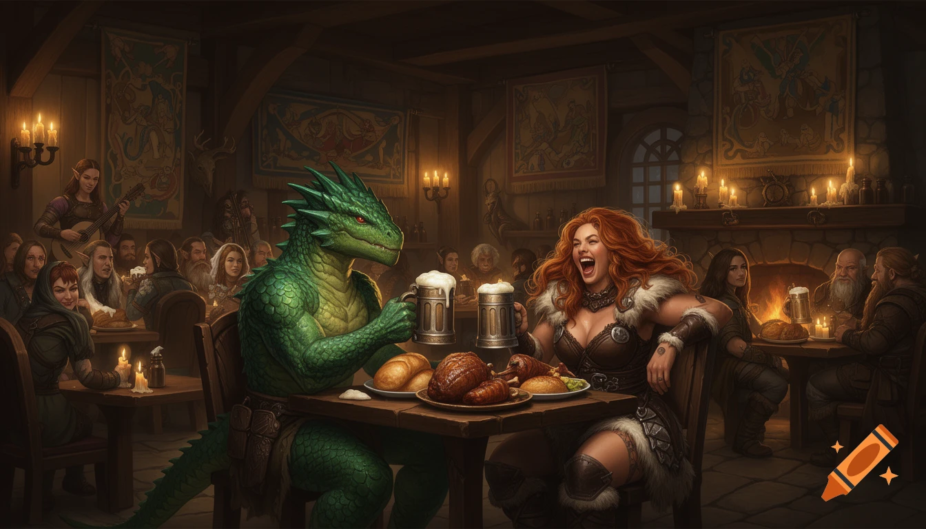 A male dragonborn and a female barbarian share drinks and food at a table in a crowded, D&D-style fantasy tavern.