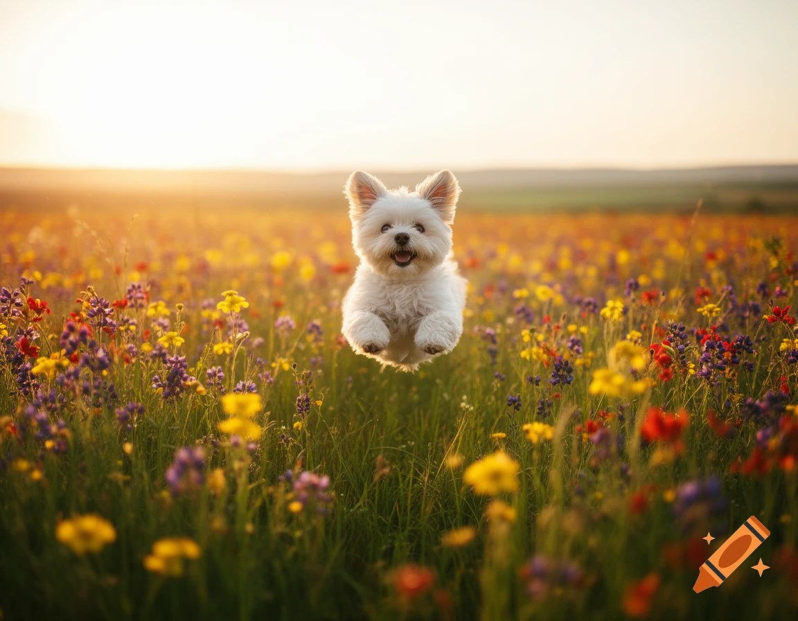 A fluffy white dog joyfully leaps through a vibrant field of colorful wildflowers at sunset.