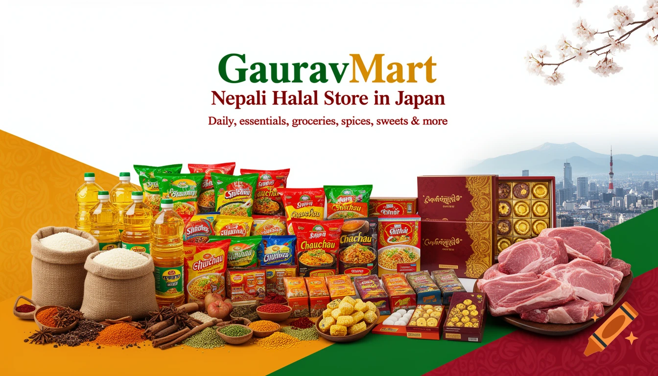 Nepali Halal Store banner featuring groceries, spices, sweets, meat, and a Tokyo skyline with cherry blossoms.