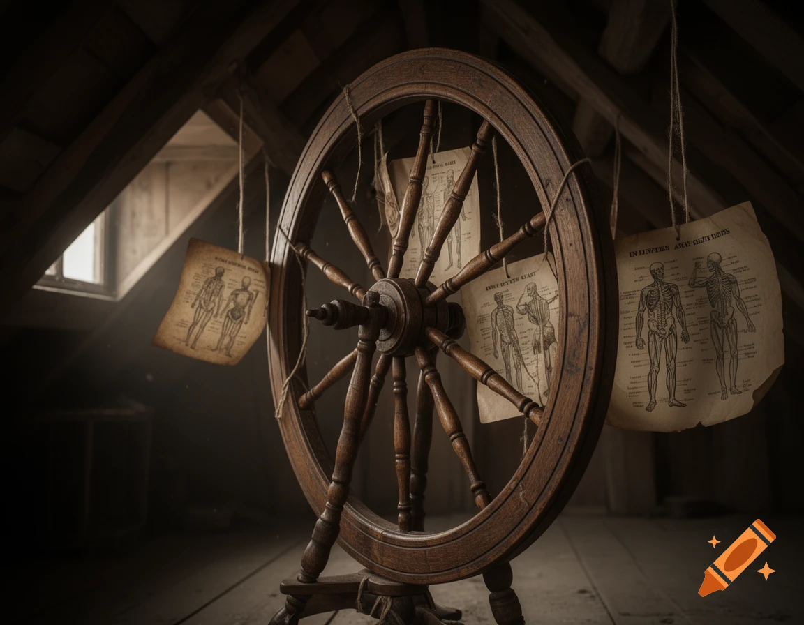 An old wooden spinning wheel stands in a dimly lit attic, with several aged anatomical charts hanging from the ceiling.