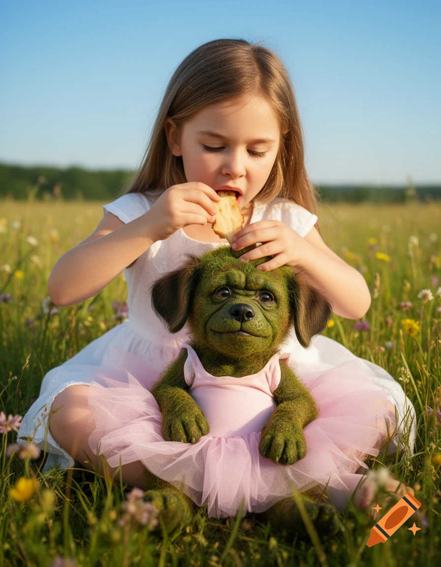 A young girl eating a cookie next to a mossy, dog-like troll creature wearing a pink ballet tutu, sitting in a grassy field.