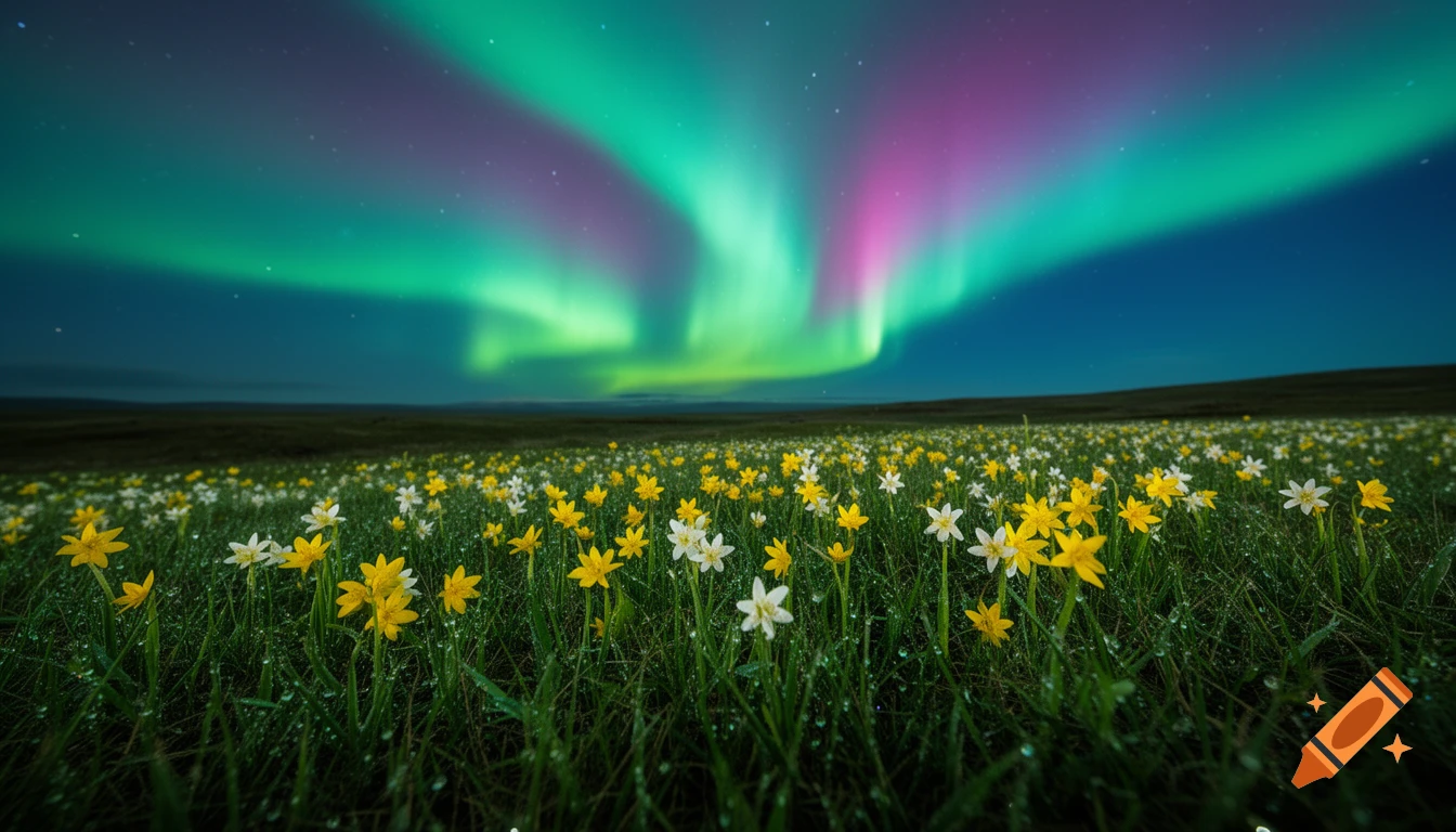 Vibrant green and pink aurora borealis lights up a dark night sky over a grassy field filled with yellow and white flowers.