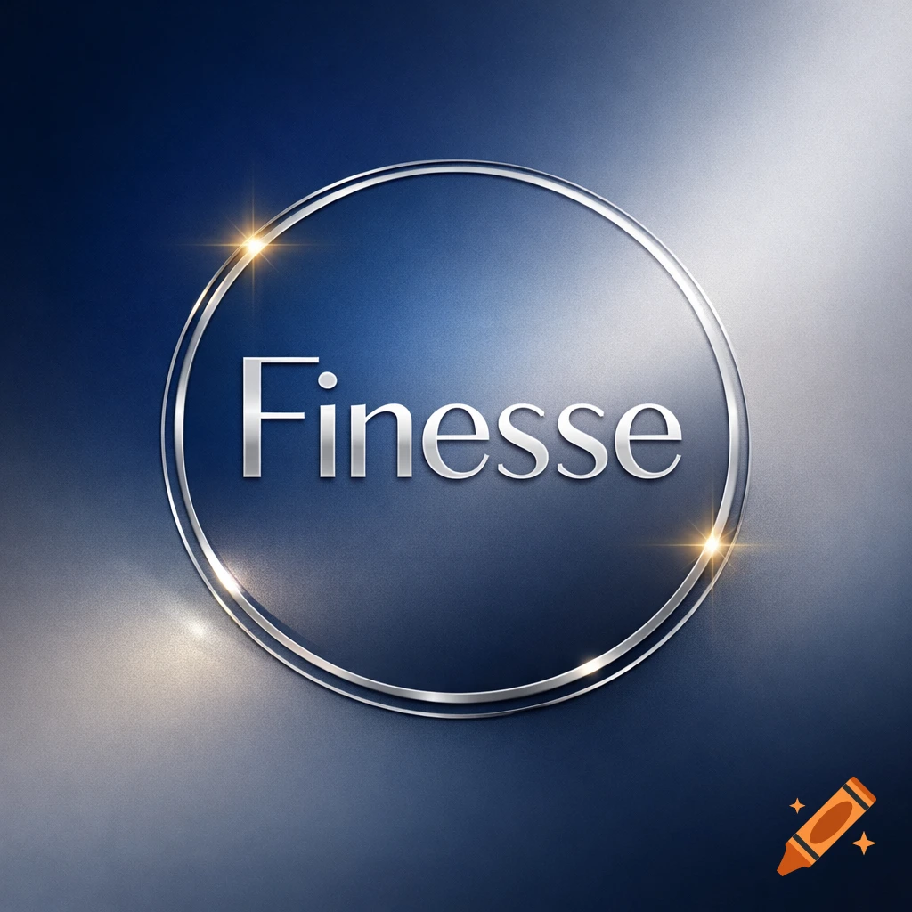 A glossy, metallic and glass logo featuring the word 'Finesse' on a gradient blue background.