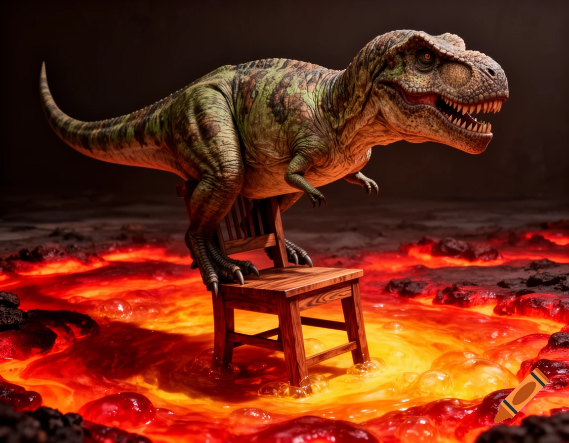 A large, scaly T-Rex dinosaur stands precariously on a small wooden chair in a vibrant, bubbling pool of lava.