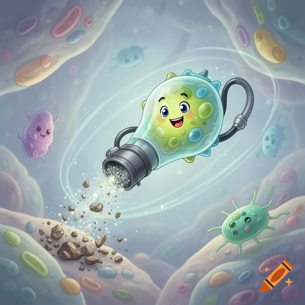 A cheerful cartoon lysosome, shaped like a lightbulb, vacuums waste among colorful microbes in a biological setting.