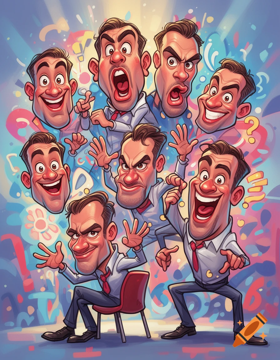 Caricature of a man with multiple exaggerated expressions and poses, sitting and standing, against a vibrant, abstract background.