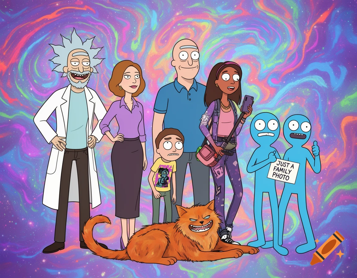 Rick, Beth, Jerry, Summer, Morty, two blue Mr. Meeseeks, and an orange cat pose as a family in a cartoon style against a swirling cosmic background.