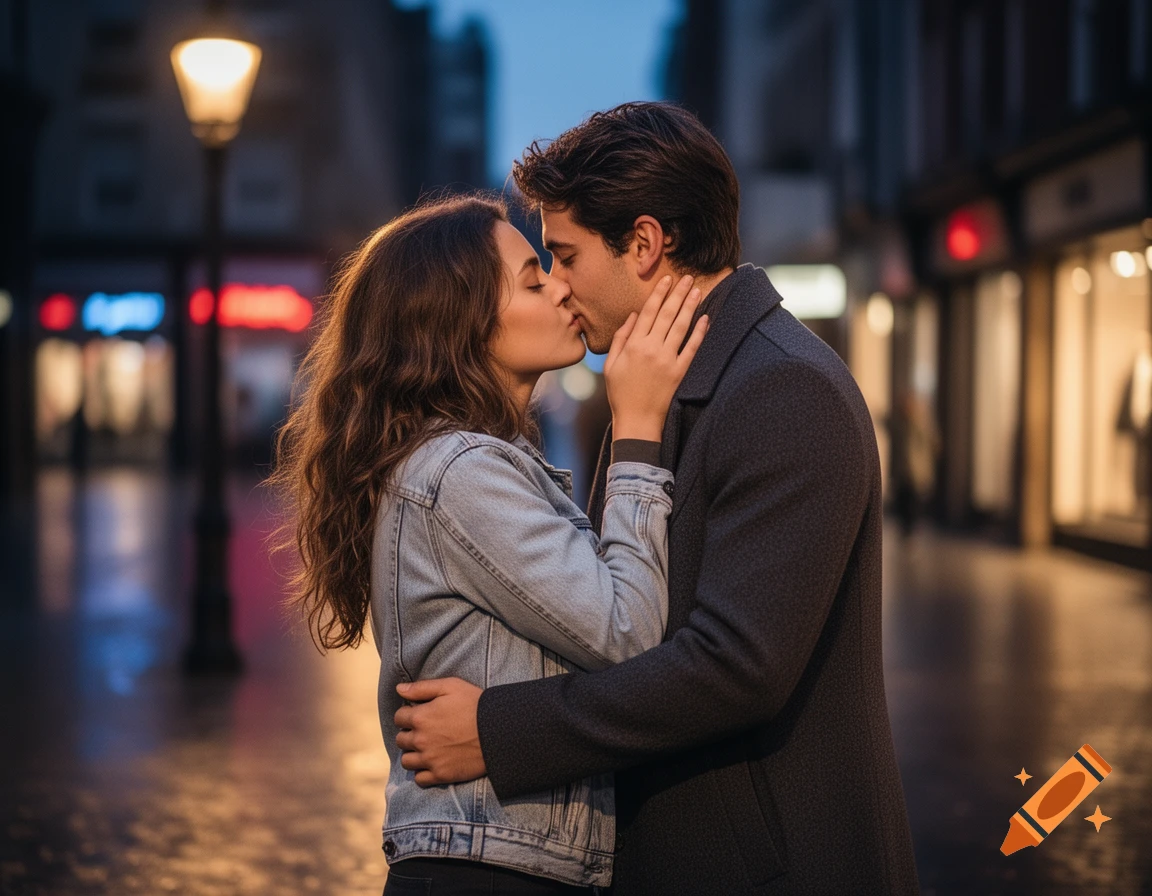 Photorealistic image of a couple kissing on a dimly lit city street at dusk.