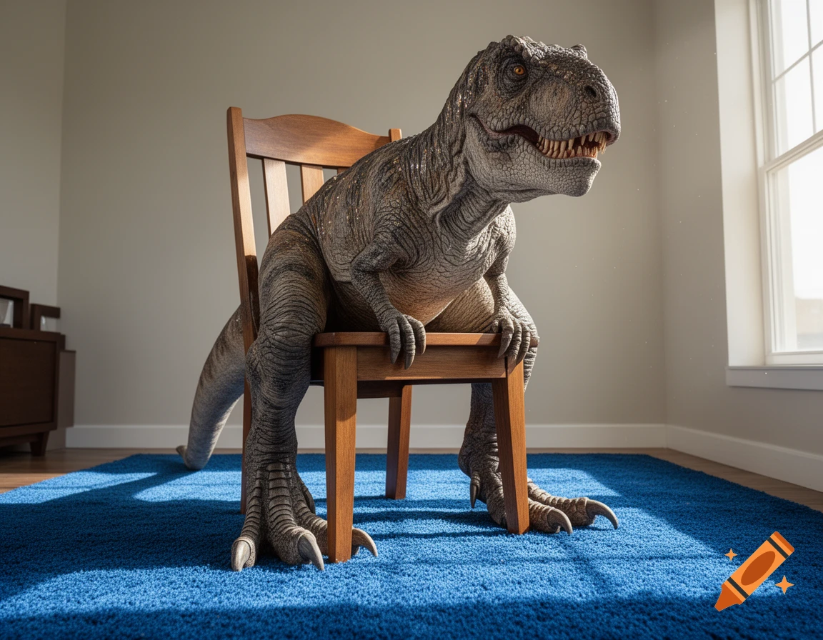 A large, realistic dinosaur awkwardly sits on a wooden chair in a room with a vibrant blue carpet.
