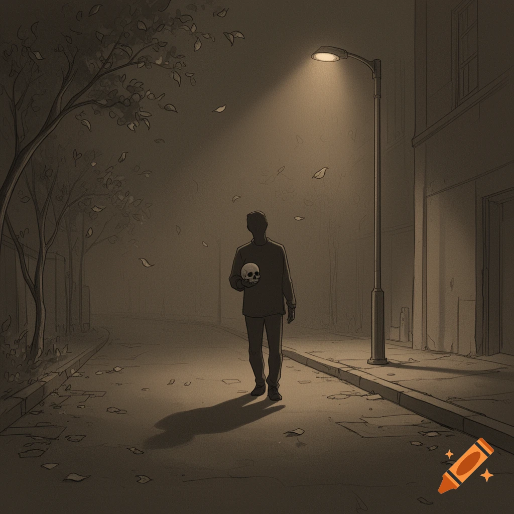 A man's silhouette walks on a foggy, leaf-strewn street at night, holding a skull under a streetlamp in a simple drawing style.