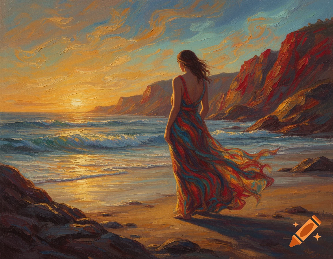 Impressionistic oil painting of a woman in a flowing dress on a beach at sunset, facing the ocean and cliffs.