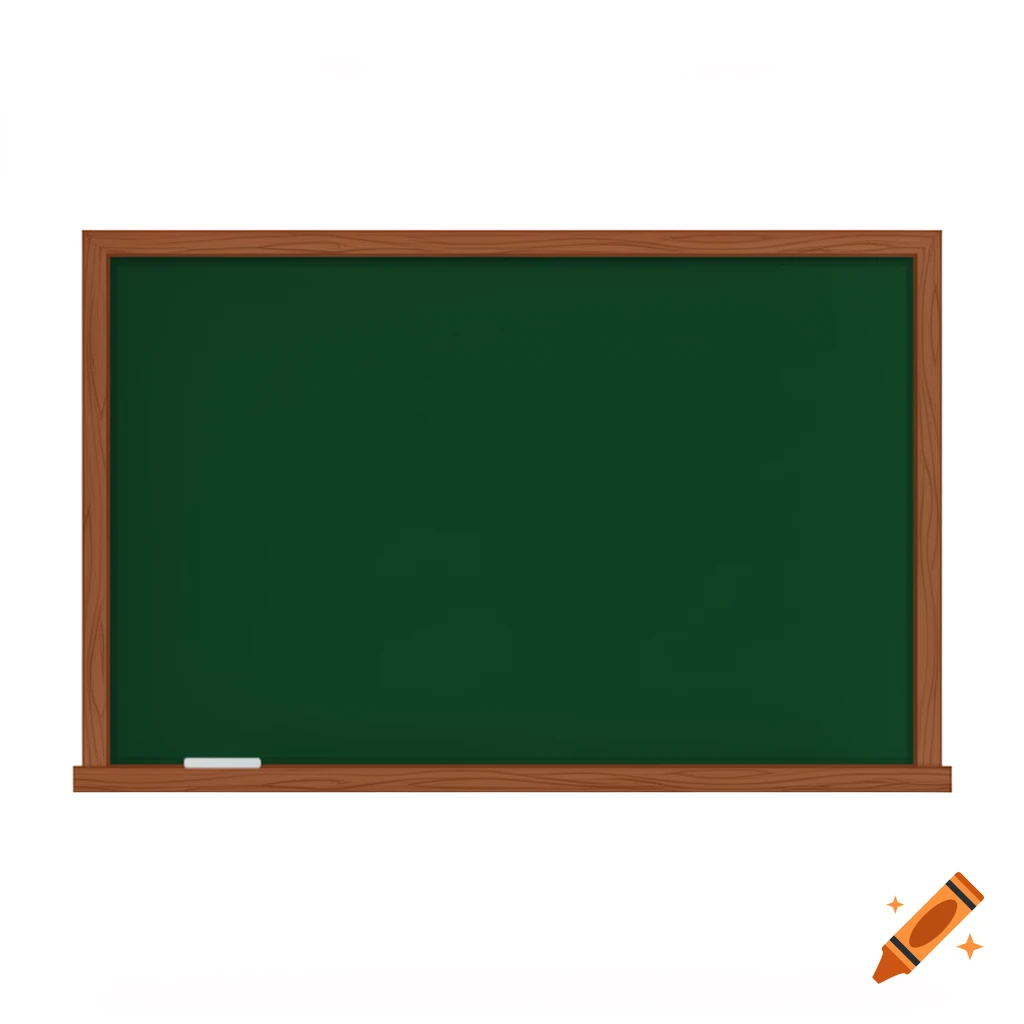 A stylized dark green chalkboard with a brown wooden frame and a piece of white chalk on the ledge, against a white background.