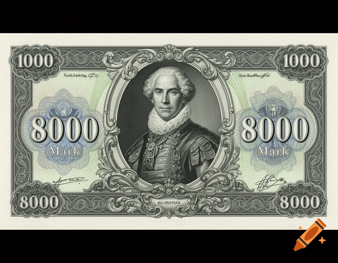 An ornate 8000 Mark banknote in the style of a 1000 D-Mark bill, featuring a central portrait of a man in 18th-century attire.