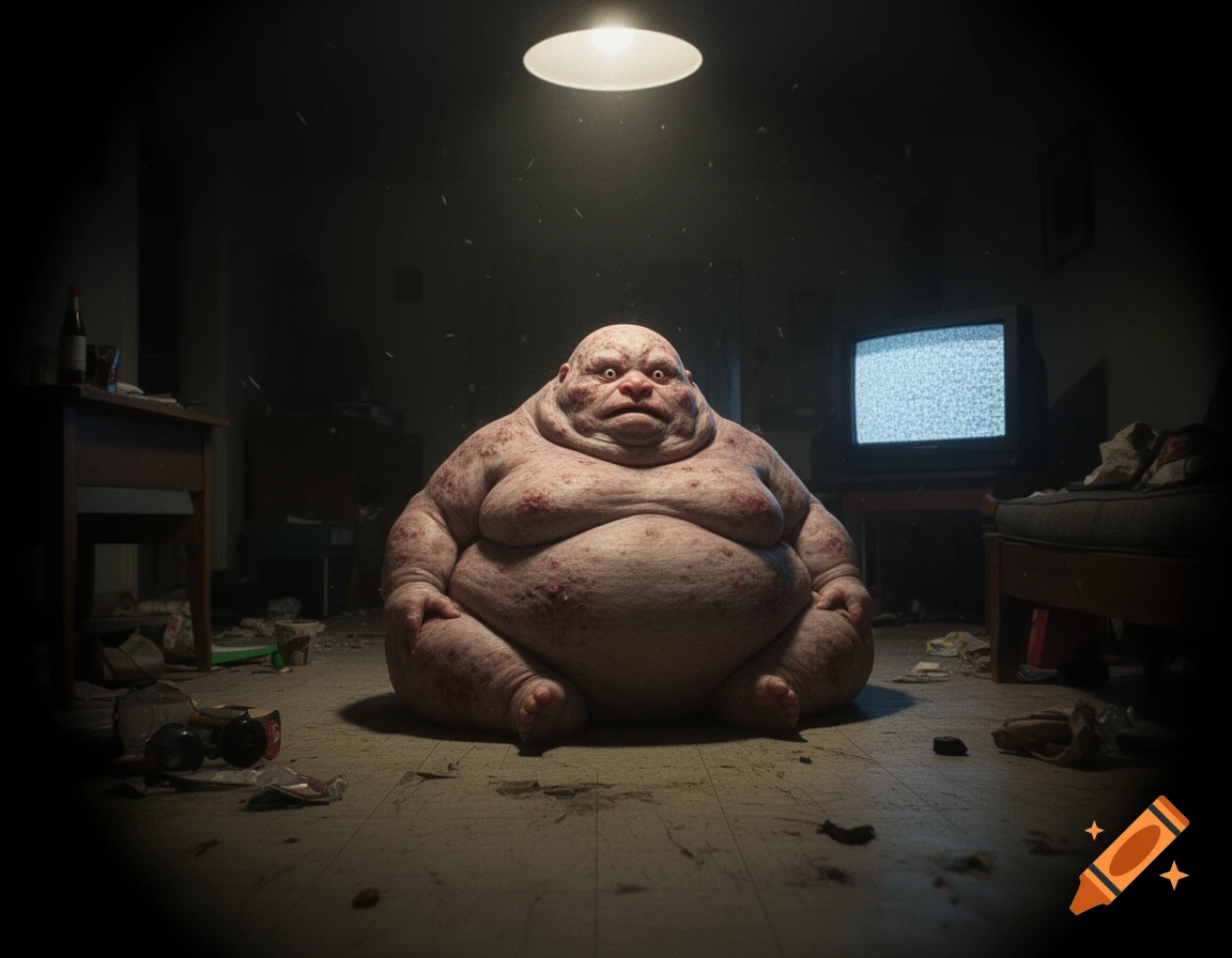 A grotesque, obese, hairless monster with sores sits on a dirty floor in a dimly lit, messy room, with a static-filled TV.