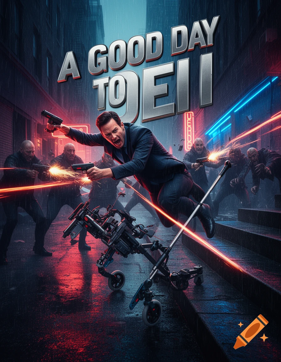 Movie poster for 'A Good Day to DEI' showing a man with guns and a high-tech walker in a rainy cyberpunk city, shooting at enemies.