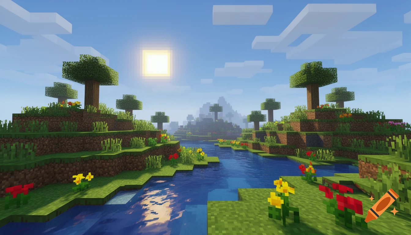 A vibrant Minecraft-style landscape with a clear river, green blocky hills, trees, colorful flowers, and a bright sun in a blue sky.