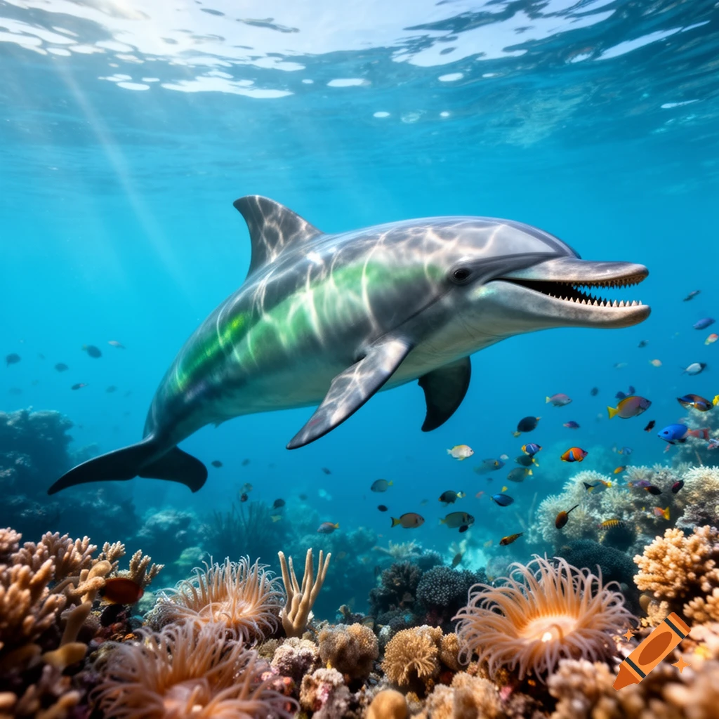 A photorealistic image of a dolphin with sharp teeth swimming over a colorful coral reef with many fish and sun rays.