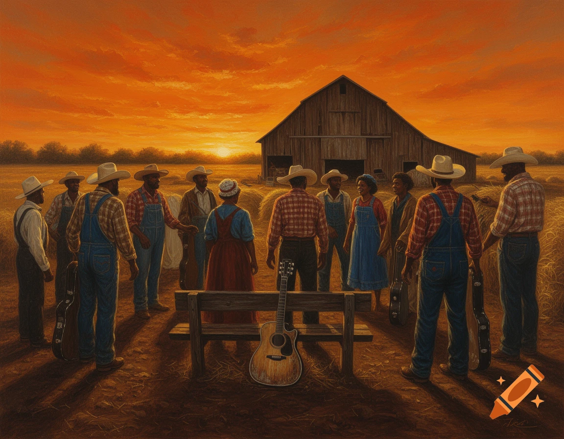 Oil painting of a group of people with guitars gathered in a rural field at sunset, with a barn in the background.
