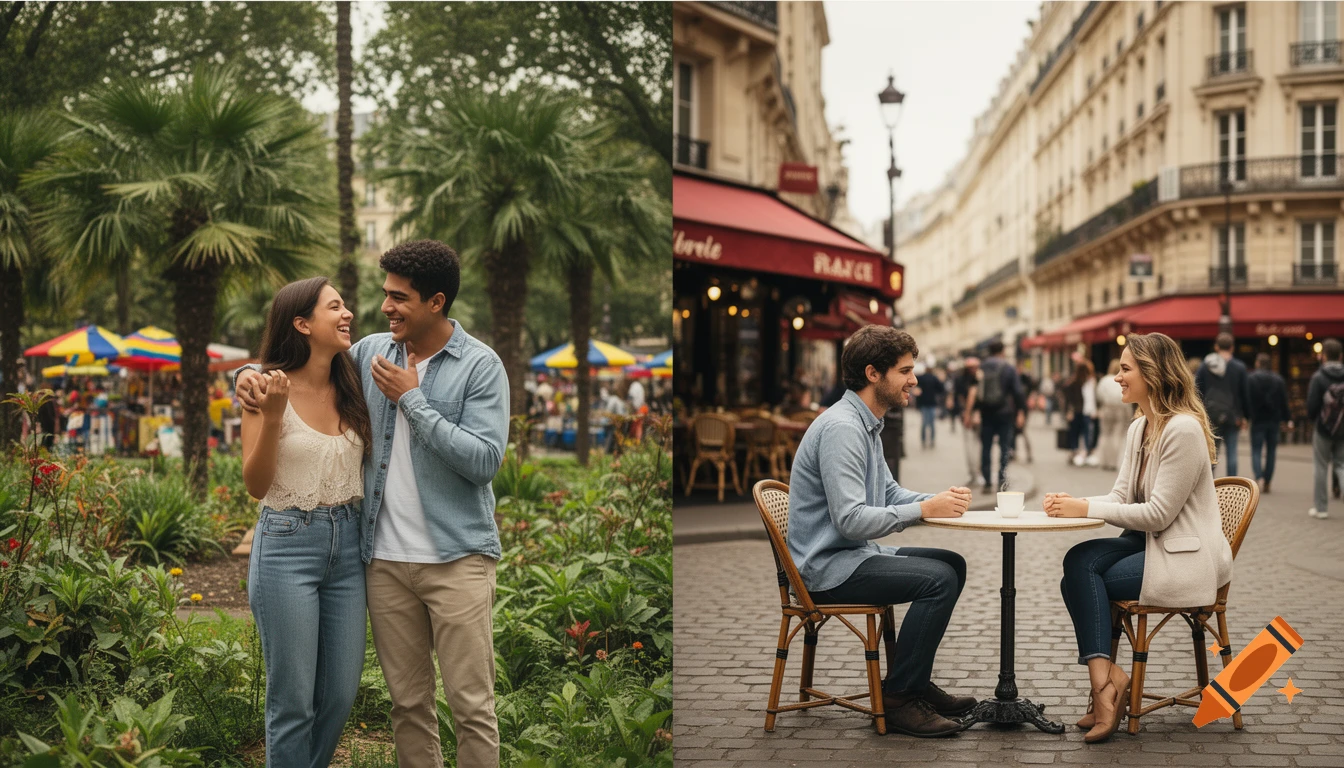 A diptych showing a smiling couple embracing in a park, and another couple conversing at an outdoor cafe on a city street.