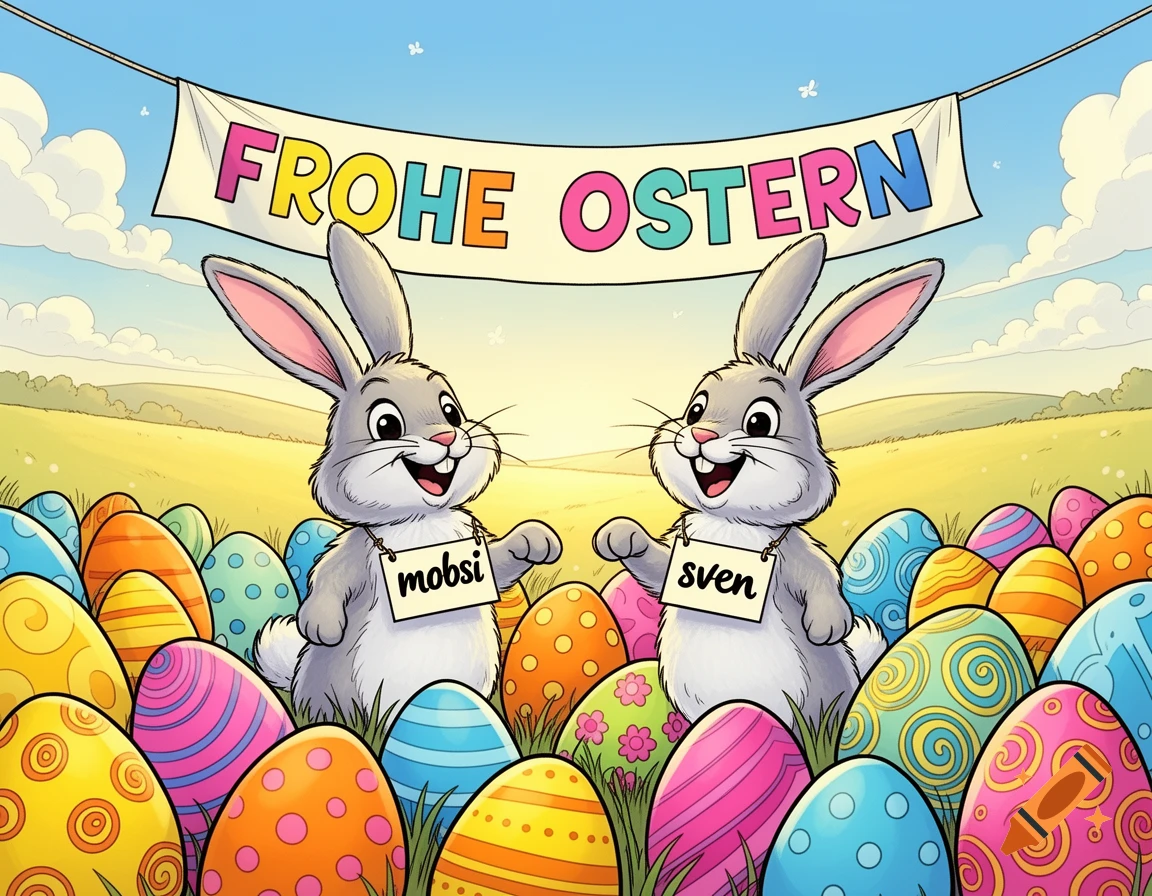 Two smiling cartoon Easter bunnies, Mobsi and Sven, stand among colorful patterned eggs in a sunny field under a 'Frohe Ostern' banner.