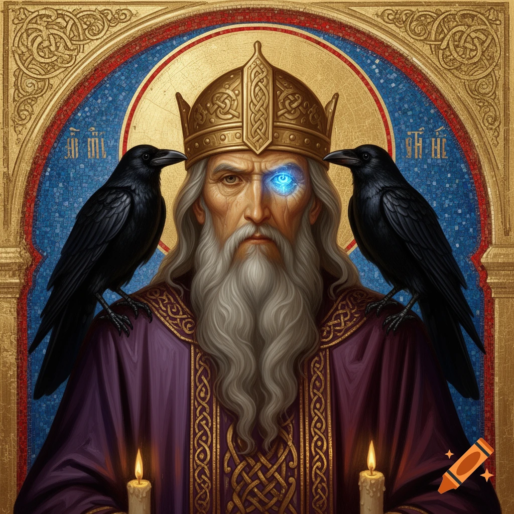 Byzantine icon of a king-like old man with a glowing blue eye, a golden crown, two ravens on his shoulders, and candles.