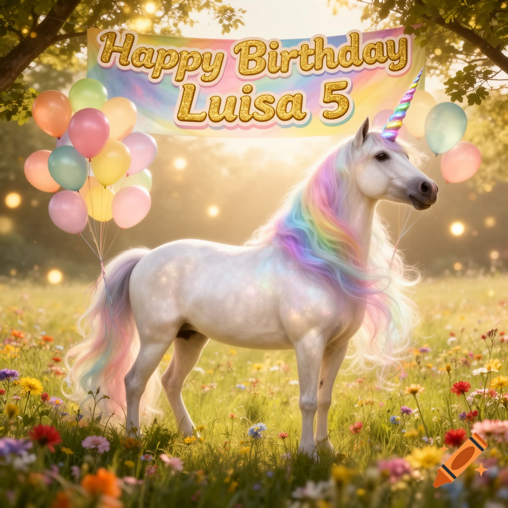 White unicorn with rainbow mane and horn in a sunny wildflower meadow with balloons and a 'Happy Birthday Luisa 5' banner.