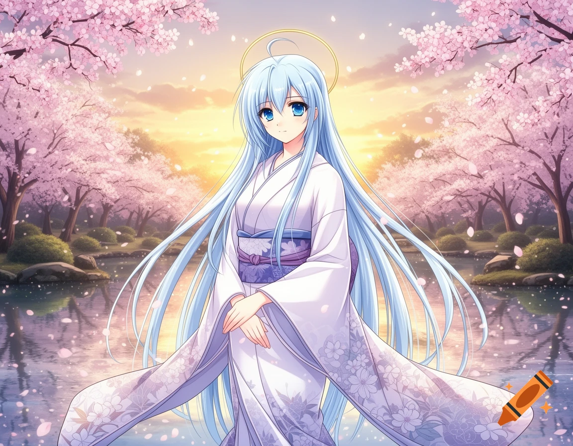 An anime girl with long light blue hair and a halo, wearing a white kimono, stands in a sakura garden with cherry blossom trees and water.