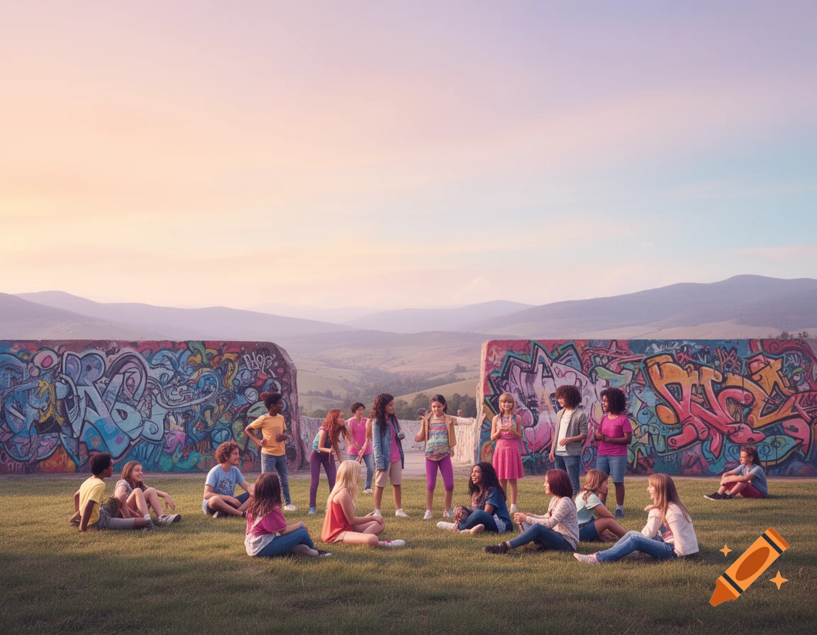 A diverse group of children and teenagers relax on a grassy field in front of two graffiti-covered walls, with mountains in the background.