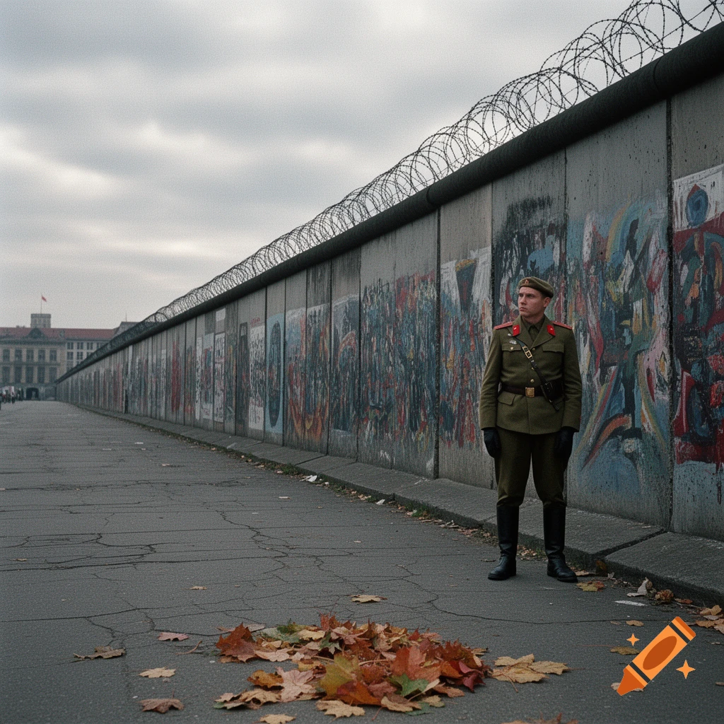 A soldier in a green uniform stands beside a graffiti-covered concrete wall topped with barbed wire, with autumn leaves on the ground.