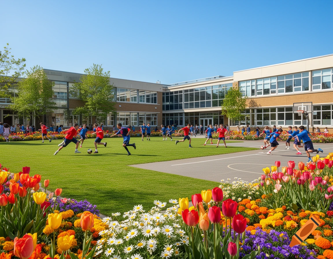 Students play soccer and basketball in a sunny school courtyard surrounded by vibrant flower beds and a modern building.