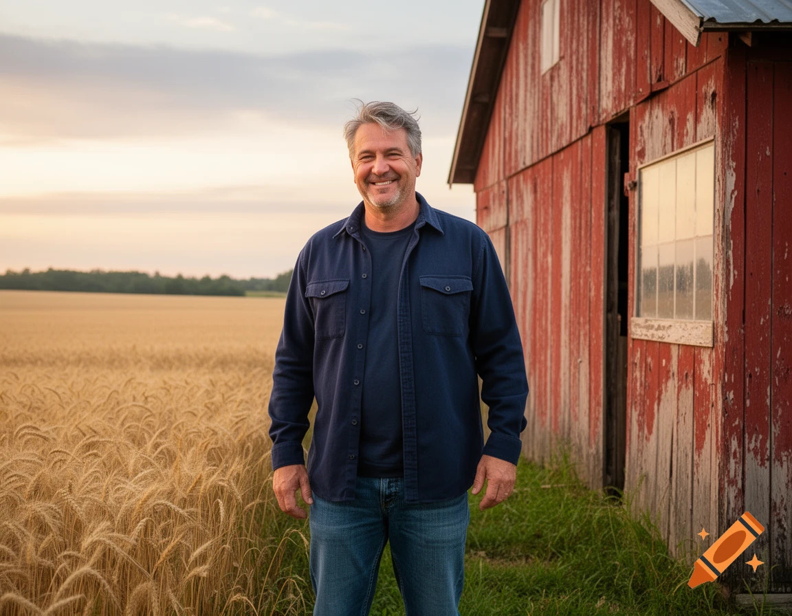 Smiling man in a blue shirt and jeans standing in a golden wheat field next to a weathered red barn at sunset, photorealistic.