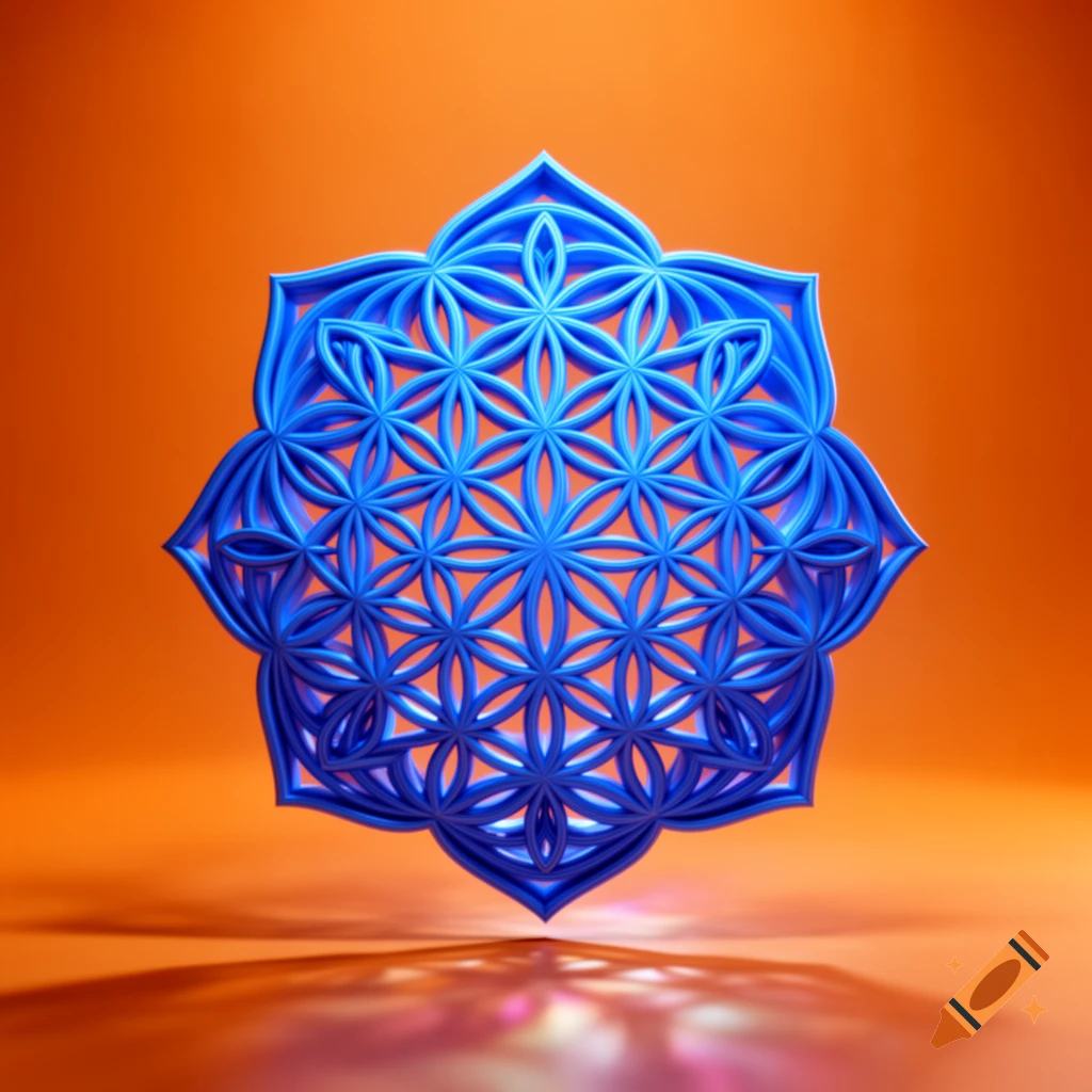 An intricate, blue Flower of Life geometric pattern floats above a reflective surface against a vibrant orange background.