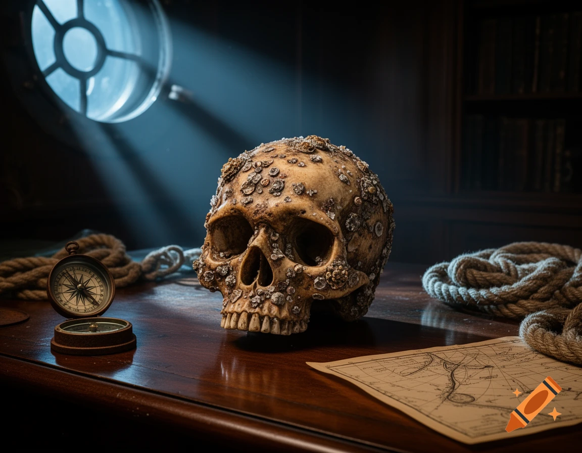 A barnacle-encrusted skull sits on a dark wooden table alongside a compass, coiled rope, and an old map, illuminated by light streaming from a porthole.