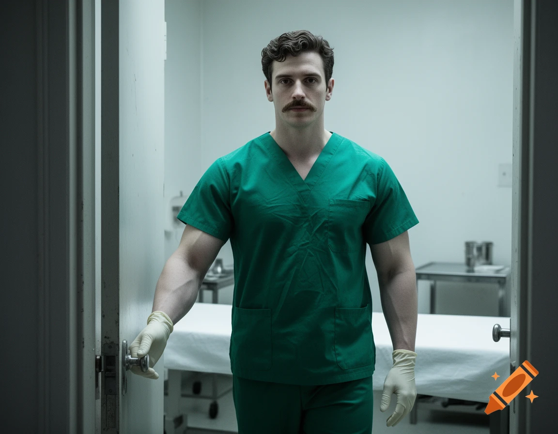 Muscular man with a mustache in green scrubs and gloves, opening a door in an asylum exam room.