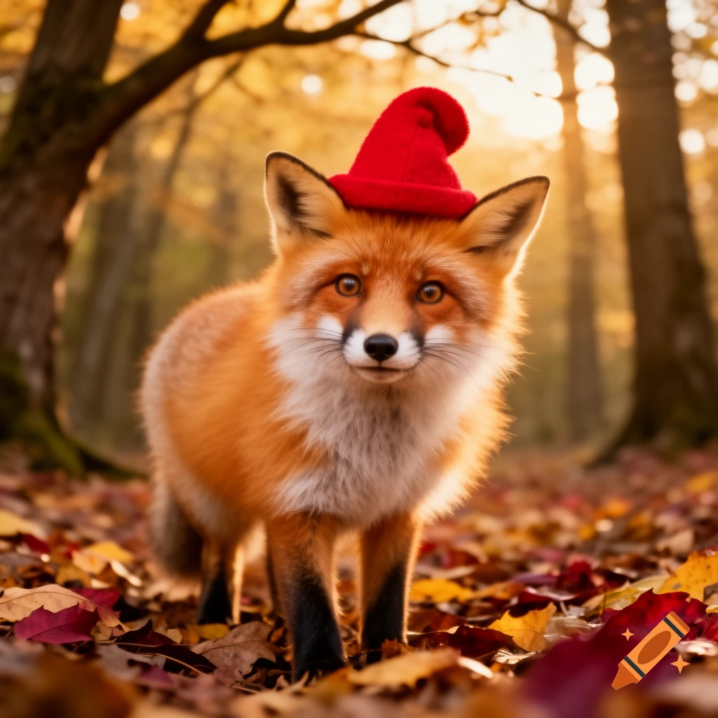 A photorealistic close-up of a cute fox wearing a red pointed hat, standing among colorful autumn leaves in a sunlit forest.
