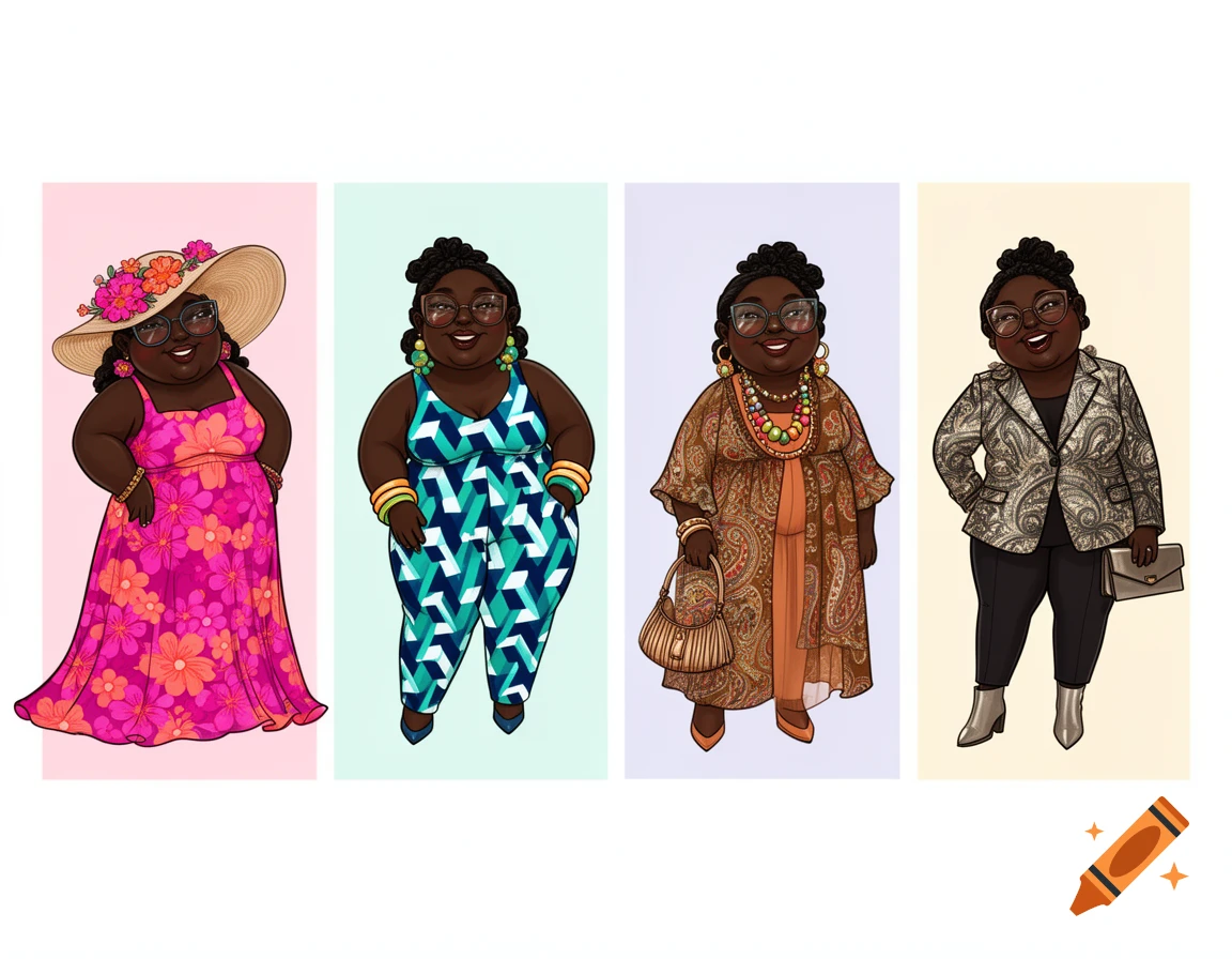 Four cute clipart illustrations of a Black woman in glasses wearing a floral dress, a geometric jumpsuit, a paisley outfit, and a pantsuit with a patterned blazer.