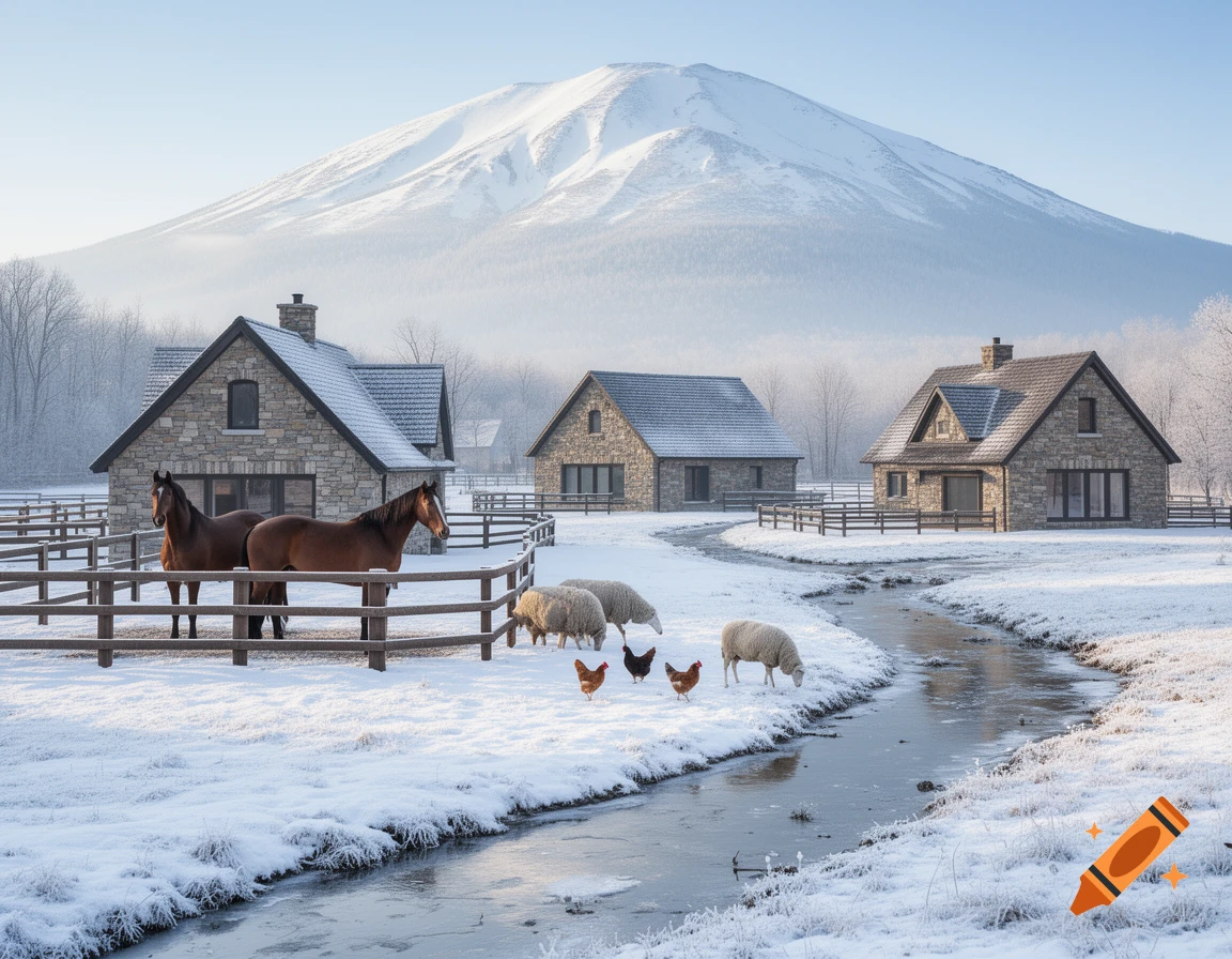 Two horses in a fenced enclosure, sheep and chickens near a stream, and three stone houses in a snowy landscape with a large mountain in the background, photorealistic.