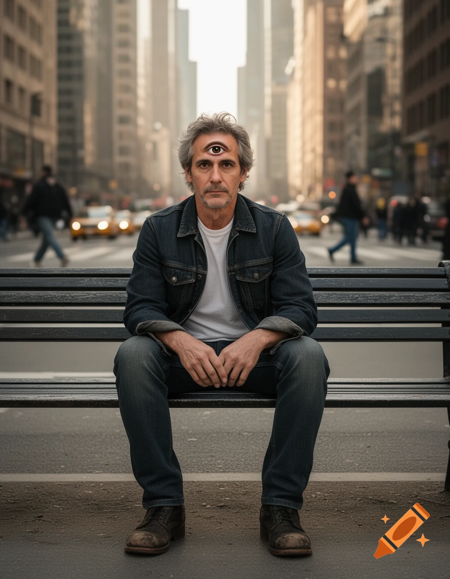 Photorealistic depiction of a man with three eyes sitting on a bench on a busy city street.